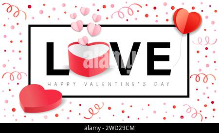 Amour, texte pour la bannière Web de Saint Valentin heureuse avec coeurs en papier et boîte cadeau. Boîte-cadeau réaliste en forme de coeur 3d et inscription sur confettis roses Illustration de Vecteur