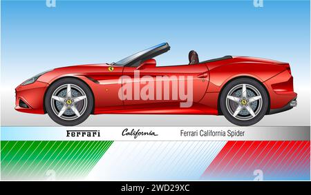 Maranello, Italie, année 2008, Ferrari California Spider, voiture de sport classique et vintage, silhouette colured illustration avec drapeau italien Banque D'Images