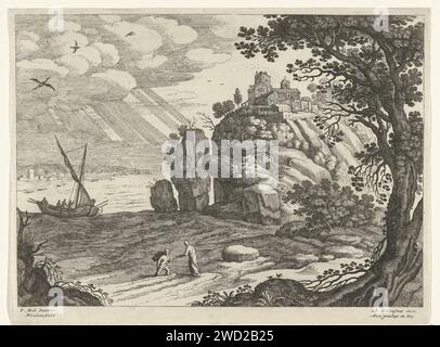 Merveilleux Visvangst, Willem van Nieulandt (II), d'après Paul Bril, 1594 - 1635 print Peter Wads au Christ, qui se tient sur le bord de l'eau et l'atteint. Sur la gauche, le bateau avec quelques disciples, dont l'un apporte un réseau de pêche. Sur la droite un village sur un rocher. Impression à partir d'une série de paysages italiens. Anvers papier gravure Pierre se jette dans la mer et nage ou pataugeoire vers le Christ. formations rocheuses. voilier, voilier Banque D'Images