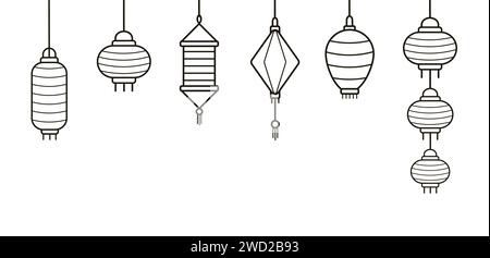 Ensemble d'icônes de lanternes de rue en papier chinois de différents types et tailles décrites dans un style plat. Paquet de décorations traditionnelles de festival asiatique isolat Illustration de Vecteur