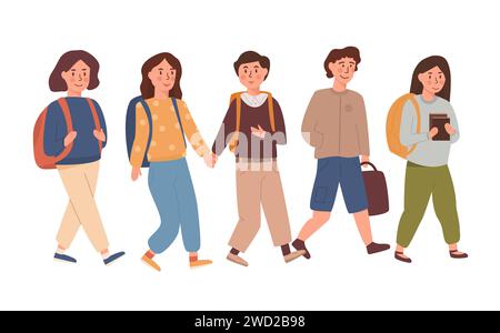 Enfants ou élève isolé sur fond blanc allant à l'école primaire ou intermédiaire. Heureux élèves et filles ou adolescents camarades de classe ou amis wa Illustration de Vecteur