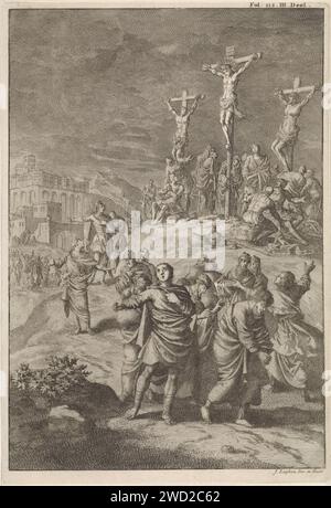 éclipse solaire à la mort du Christ, Jan Luyken, 1700 imprimer Mont Golgota avec Christ sur la croix entre les deux criminels. Le soleil a disparu et il fait sombre. Les gens paniquent sur la poitrine. En arrière-plan sur la gauche Jérusalem. Le papier d'Amsterdam mordant l'obscurité de la sixième à la neuvième heure (représentée par une éclipse solaire)  la mort du Christ Banque D'Images