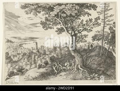 Voyageur est attaqué par les Rovers, Willem van Nieulandt (II), après Paul Bril, 1594 - 1635 print dans un paysage un homme est attaqué et maltraité par quatre voleurs. Deux hommes regardent sur la colline. C'est probablement l'homme qui est attaqué par l'histoire biblique du samaritain miséricordieux dans Luc. 10 : 25-37. Sur la gauche vue sur une ville sur la mer. Impression à partir d'une série de paysages italiens. Paris papier gravure / gravure le voyageur est attaqué par des voleurs  parabole du bon Samaritain. Perspective de ville, panorama de ville, silhouette de ville - II - ville idéale. Low Hill Country - HH - paysages idéaux Banque D'Images