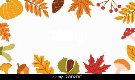 Fond vectoriel plat de saison d'automne. Modèle de bannière colorée botanique d'automne avec place pour le texte. Feuilles séchées, brindilles, fond décoratif champignon. Illustration de Vecteur
