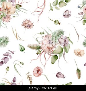 Il s'agit d'un motif sans couture aquarelle de pavot délicat et épillet sur un fond blanc. Idéal pour une utilisation dans les projets de conception tels que les tissus Banque D'Images