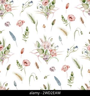 Il s'agit d'un motif sans couture aquarelle de pavot délicat et épillet sur un fond blanc. Idéal pour une utilisation dans les projets de conception tels que les tissus Banque D'Images