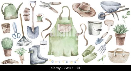 Outils et équipements de jardinage. Éléments d'aquarelle d'arrosoir vintage, tablier et gants sur fond blanc. Icônes de jardinage dessinées à la main. Banque D'Images