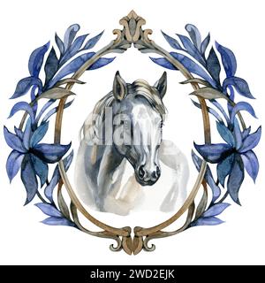 Emblème aquarelle de portrait de cheval blanc dessiné à la main sur fond blanc Banque D'Images