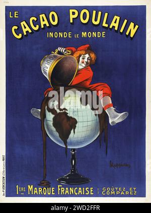 Cacao Poulain inonde le monde. 1e marque française. Goûter et comparer - affiche vintage par Leonetto Cappiello - garçon assis sur le globe, versant du chocolat Banque D'Images