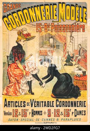 Cordonnerie Modèle (années 1890). Affiche publicitaire française pour chaussures - Femme essayant des chaussures. Banque D'Images