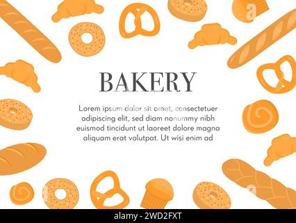 Modèle de bannière Web avec cadre fait de divers types de pains et de produits cuits maison sucrés et pâtisseries avec place pour le texte. Illustration vectorielle Illustration de Vecteur