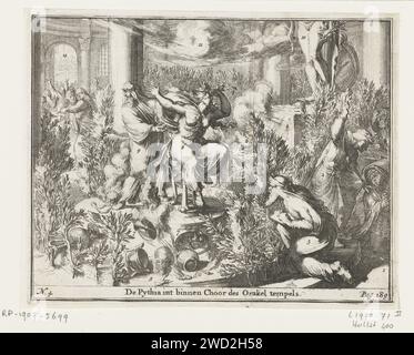 La prêtresse Pythie dans le temple de Delphes, Romeyn de Hooghe (attribué à), d'après Romeyn de Hooghe, 1687 estampe la prêtrise Pythie dans le temple de Delphes. Avec des nombres aux éléments dans le spectacle qui se réfèrent au texte dans le livre. Pays-Bas papier gravure Pythia, prêtresse de l'oracle Delphique Delphi Banque D'Images