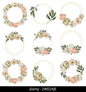 Ensemble de couronnes avec fleurs de pivoine fuzz pêche beige blanc, bourgeons et feuilles vertes. Illustration aquarelle florale peinte à la main isolée sur fond blanc Banque D'Images