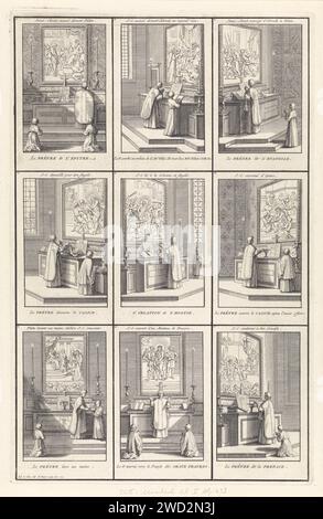 Cérémonies pendant la Sainte Messe, Bernard Picart (atelier ou), d'après Sébastien Leclerc, 1722 estampe feuille avec neuf représentations qui représentent les cérémonies successives de la Sainte Messe, numérotées 9-17. Au-dessus de l'autel des scènes consécutives de la passion du Christ. Chaque représentation a une empeigne et une légende en français. Amsterdam papier gravure / gravure Sainte Messe (service divin, en particulier de l'Église catholique romaine). Passion du Christ Banque D'Images