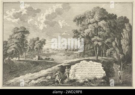 Paysage fluvial arcadien avec femme et enfant, Adolf van der Laan, d'après Johannes glaber, 1710 - 1747 imprimer Paysage fluvial arcadien avec femme et enfant. Au premier plan deux bergers et une femme avec cruche sur la tête. Tirage titre d'une série de trente tirages avec des représentations de paysages italiens et allemands. Amsterdam papier gravure paysages avec eaux, paysages aquatiques, paysages marins (dans la zone tempérée). troupeaux, bergers, bergers, bergers, bergers, bergers, vache, etc Banque D'Images