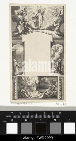 Conception d'une page de titre, Pieter Serwouters, 1601 - 1657 imprimer conception d'une page de titre. Au milieu, un appartement a été laissé ouvert pour le titre du livre. Il y a différentes performances bibliques autour de lui. Au sommet de la transfiguration, à droite la vision de Cornelius de Centurion, au fond du Christ à Getsémane, laissait Siméon prier. Avec deux références aux versets de la Bible, et Luc. 2 et main. 10. Papier d'Amsterdam gravant la prière du Christ dans le jardin de Gethsémani pendant la nuit. La Transfiguration : Moïse et Élie apparaissent de chaque côté du Christ sur le mont Tabor (Matthieu 17:1 Banque D'Images