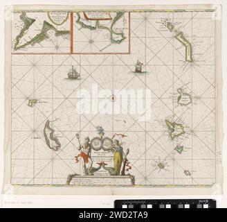 Carte d'accès des îles Canaries, Jan Luyken, c. 1680 imprimer carte de la mer des îles Canaries. Avec une rose de boussole, le nord est sur la gauche. Ci-dessus des cartes détaillées de parties de la côte de Tenerife et Gran Canaria. En bas du titre, flanqué de Triton et de la personnification de la prudence. Sous le titre l'échelle en miles allemand, espagnol et anglais ou français. Amsterdam papier gravure / pinceau voilier, voilier. cartes des différents pays ou régions. poissons. (Histoire de) Triton. Prudentia (prudence) comme personnification romaine Îles Canaries Banque D'Images