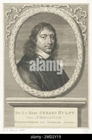 Porter Van Gerard Hulft, Abraham Bloteling, d'après Govert Flinck, dans ou après 1656 - 1690 tirage Portrait de Gerard Hulft, premier directeur général de la Dutch-Indian. Bustel avec cadre ovale de feuilles de Lauwer, en arrière-plan un navire à l'horizon peut être vu. Gravure sur papier Amsterdam Banque D'Images