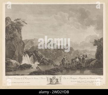 Paysage de montagne avec bergers, Pierre François Laurent, d'après Philippe Jacques de Loutherbourg, 1750 - 1809 imprimeur : Franceéditor : Paris papier gravure / gravure troupeau, troupeau. montagnes. roulement armorial, héraldique Banque D'Images