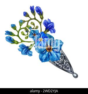 Beaux bouquets aquarelle de bleus Forget-me-nots, réalisés sous forme de vignettes dans une boutonnière argentée pour Pâques, bouquets de mariage, fête des mères Banque D'Images