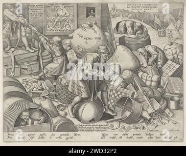 Allégorie sur l'égoïsme, Pieter van der Heyden, d'après Pieter Bruegel (I), 1615 - 1676 imprimer Un homme avec des lunettes sur le nez et une lanterne à la main regarde entre toutes sortes de choses. Il y a des marchandises sur le terrain, entre autres, un jeu d'échecs et de barrage, des dés et un jeu de cartes. D'autres hommes regardent aussi. A gauche, deux hommes tirent sur le même morceau de tissu. Imagination de l'idée que chacun est concentré sur lui-même et cherche son propre intérêt. Au milieu du spectacle, un couplet de quatre lignes en néerlandais et sous la représentation une légende de quatre lignes en latin. Anvers gravure sur papier Selfi Banque D'Images
