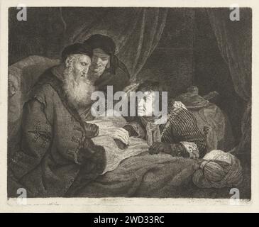 Isaac Bless Jakob, Johannes Pieter de Frey, après Govert Flinck, 1798 imprimer le vieil Isaac est au lit et donne sa bénédiction à Jacob agenouillé. En diagonale derrière Isaak se trouve Rebekka. Isaac couché dans son lit bénit Jacob qui, déguisé dans les vêtements d'Esau, apporte de la nourriture à son père ; les mains et le cou de Jacob sont couverts de peaux de chèvre Banque D'Images