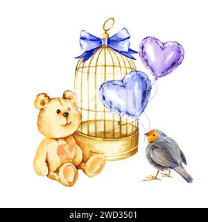 composition d'aquarelle avec cage d'oiseau doré, oiseau mignon, jouet d'ours drôle, ballons d'air en feuille bleu et lilas en forme de coeur, illustration dessinée à la main fo Banque D'Images