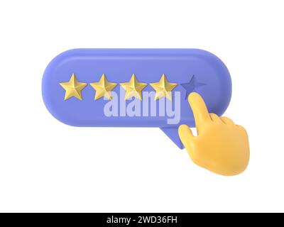 Main de l'utilisateur pointant sur le formulaire de sondage et choisissant l'étoile jaune. Avis client positif cinq étoiles. Feedback en ligne, rendu 3D sur fond blanc. Banque D'Images