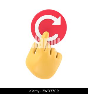 Concept de redémarrage. Redémarrage de la technologie. Main pour appuyer sur le gros bouton rouge. Illustration 3d Flat design.rendu 3D sur fond blanc. Banque D'Images