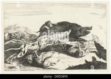 Les chiens chassent un Zwijn, Peeter Boel, 1727 - 1783 imprimer Wildezwijnenjacht. Une meute de chiens conduit un sanglier. Imprimeur : inconnu éditeur : Paris chasse à la gravure sur papier  mammifères. chasse au sanglier Banque D'Images