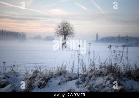 France. 18 janvier 2024. © PHOTOPQR/VOIX DU NORD/PIERRE ROUANET ; 18/01/2024 ; VALENCIENNOIS, LE 18/01/2024. Episode de neige et verglas dans le Valenciennois (Meteo, intempestives). Dans le train (TER hauts de France) entre Lille et Valenciennes, l'Amandinois. PHOTO PIERRE ROUANET LA VOIX DU NORD France, 18 janvier 2024. Il a snown dans le nord de la France crédit : MAXPPP/Alamy Live News Banque D'Images