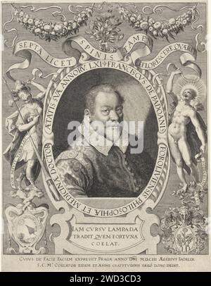 Portret Van Francis Foroliviensis Van Padua, Giles Sadeler (2), 1603 print Franciscus Foroliviensis de Padoue, philosophe et médecin italien. Minerve et Apollon à gauche et à droite du portrait. Deux emblèmes sous le portrait. L'impression a une légende latine. Prague gravure sur papier personnes historiques Banque D'Images