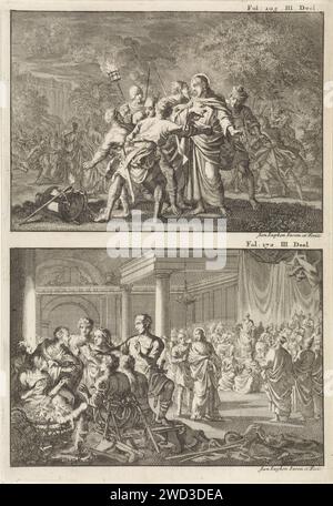 Arrestation du Christ et Pierre refuse Christ, Jan Luyken, 1700 imprimer deux représentations sur une plaque. Ci-dessus : Christ est capturé par des soldats. Ses élèves essaient de le défendre en arrière-plan. Ci-dessous : Pierre se réchauffe avec quelques autres personnes à une tonne de feu et nie son amitié avec Christ. Christ est enlevé en arrière-plan. Amsterdam papier gravure de l'arrestation du Christ  jardin de Gethsémani. Pierre nie Christ, généralement devant une servante et quelques soldats Banque D'Images