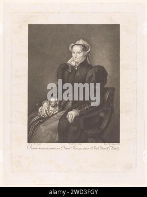 Portrait d'une femme inconnue, assise avec un chien sur leurs genoux, Bartolomé Vázquez, d'après Manuel de la Cruz, d'après Anthonis Mor, 1793 estampes Espagne gravure sur papier / gravure de personnages historiques. chien Banque D'Images