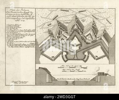 Carte et coupe transversale de la forteresse de Bergen op Zoom, 1747, Anonyme, 1747 imprimer carte et coupe transversale de la forteresse de Bergen op Zoom, avec les brèches tirées par les Français le jour de la conquête, le 16 septembre 1747. Imprimeur : Germanypublisher : Neurenberg paper graving victoires, position était. Forteresse Bergen op Zoom Banque D'Images