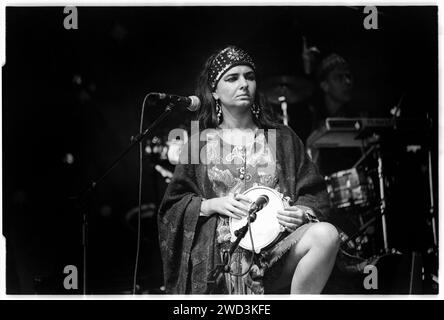 Natasha Atlas de Transglobal Underground sur la scène NME au Glastonbury Festival, Pilton, Angleterre, le 25 juin 1994. Photo : ROB WATKINS. INFO : Transglobal Underground, un groupe britannique de fusion et d'électronique formé au début des années 90, a été le pionnier d'un son mondial. Fusionnant des instruments traditionnels avec des rythmes modernes, des albums comme Dream of 100 Nations les ont établis comme des pionniers dans la musique du monde et les genres électroniques. Banque D'Images