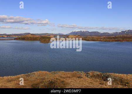 Mývatn est un lac peu profond situé dans une zone de volcanisme actif dans le nord de l'Islande, près du volcan Krafla Banque D'Images
