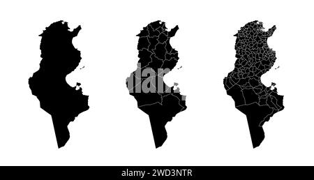 Ensemble de cartes d'état de la Tunisie avec la division des régions et des municipalités. Frontières du département, cartes vectorielles isolées sur fond blanc. Illustration de Vecteur