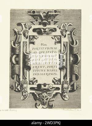 Cartouche avec une citation de Platon, Frans Huys, d'après Hans Vredeman de Vries, 1555 imprimer citation : Fortitvdinis Absqve Ivstitia nvlvs est vsus .... Dans cartouche. Gauche et en haut à droite accroche un petit mascaron. Au fond se trouvent des mascarons en forme de tête de saterk avec une barbe. Arrière-plan ombré. De la série de page de titre et 12 magazines avec cartouches avec des citations d'écrivains classiques dans un cadre de travail roulant avec grotesken, mascarons et guirlandes. Pays-Bas (éventuellement) ornement gravure papier  cartouche. masque, mascaron  ornement Banque D'Images