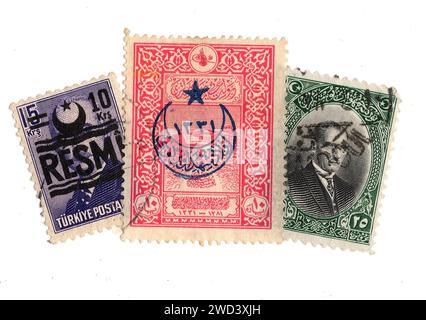 Timbres-poste vintage de Turquie isolés sur fond blanc. Banque D'Images