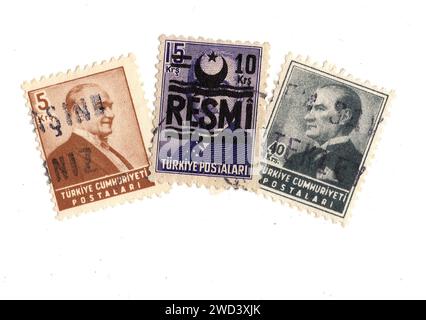 Timbres-poste vintage de Turquie isolés sur fond blanc. Banque D'Images