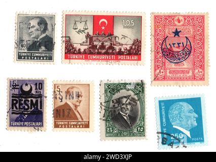 Timbres-poste vintage de Turquie isolés sur fond blanc. Banque D'Images