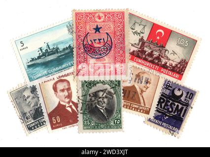 Timbres-poste vintage de Turquie isolés sur fond blanc. Banque D'Images