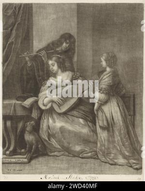 Couple Musicing, Wallerant Vaillant, d'après Gerard Pietersz. Van Zijl, 1658 - 1706 imprimer Une jeune femme joue du luth et regarde dans le livret de musique qui se trouve sur la table à côté d'elle. Derrière elle un jeune homme qui joue de la flûte. Une fille les écoute. Il y a un chien à côté du joueur de luth. Amsterdam papier petit groupe de musiciens, orchestre de chambre, orchestre de jazz. goujure transversale Banque D'Images