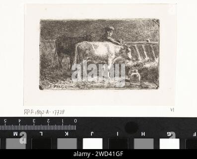 Agriculteur entre deux vaches à un rack dans une étable (petite variante), Jan Vrolijk, 1860 - 1892 imprimer la Haye papier gravure / vache à point sec. calage, stable. agriculteurs Banque D'Images