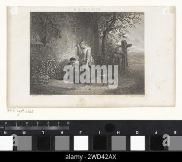 Garçon et fille à huis, Dirk Jurriaan Sluyter, d'après mari ten Kate, en 1851 ou avant imprimer Un garçon est assis sur le sol devant une maison. Il disperse quelque chose sur le sol. Une fille avec un chien se tient à côté de lui et regarde. Imprimeur : Amsterdampublisher : Haarlem fille graveuse sur papier acier (enfant entre tout-petit et jeune) (+ vue latérale, profil). fille (enfant entre tout-petit et jeune) (+ vue latérale, profil) Banque D'Images