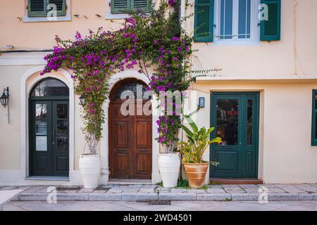 Vieille ville méditerranéenne vintage avec des maisons anciennes traditionnelles, de belles portes et fenêtres, avec des bougainvilliers. Corfou Grèce. Photo de voyage, personne Banque D'Images