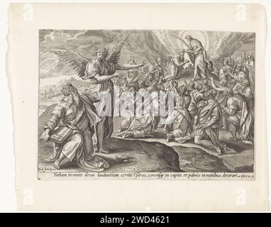 Première vision d'Esdras : le fils de Dieu couronne la foule, Maerten de vos, 1585 print Esdras est au premier plan à droite et est indiqué par un ange pour une vision. Esdras voit le fils de Dieu sur le mont Sion, qui éloigne le peuple et honore ses branches de palmier. Sous la performance une référence en latin au texte de la Bible Apocryphe dans 4 Esdras 2. Anvers gravure sur papier d'autres scènes d'Ezra et Esdras Banque D'Images
