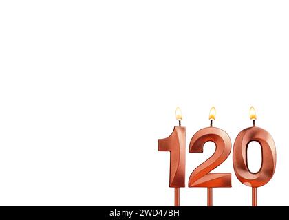 Bougie brûlante numéro 120 pour anniversaire sur fond blanc Banque D'Images