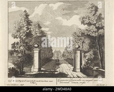 Vue du domaine Duinrell, Anonyme, 1675 - 1711 imprimer vue du domaine Duinrell, avec la maison en arrière-plan et l'allée avec un chariot et la clôture. Numéroté en bas à droite : 1. Tirage à partir d'une série de seize tirages de Duinrell. Maison de campagne de gravure de papier Amsterdam. véhicule à quatre roues, tiré par des animaux, p.ex. cabine, voiture, autocar. Porte, entrée Buitenplaats Duinrell Banque D'Images